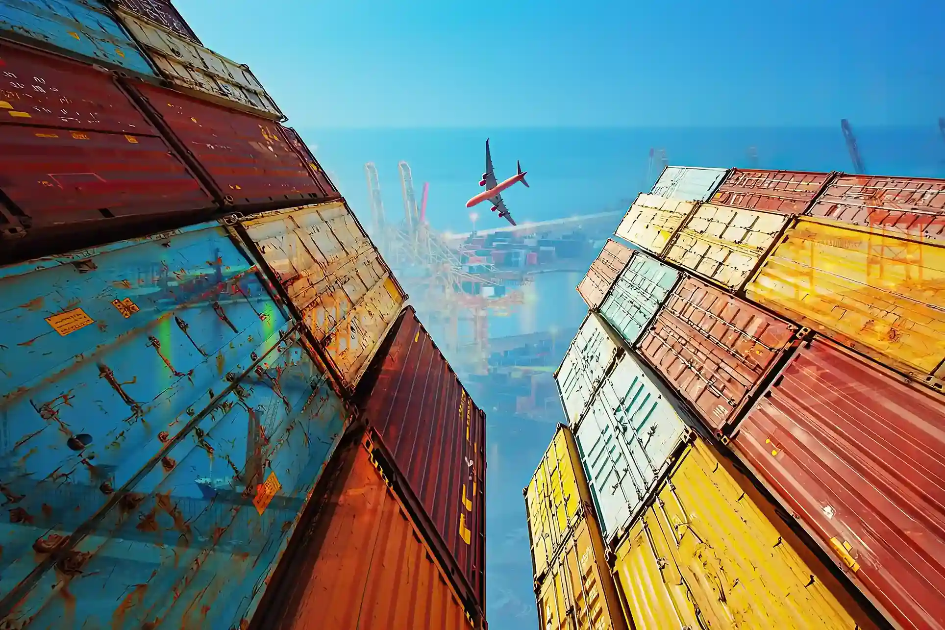 a plane flying over the pile of different colors of containers from a cargo shipping company
