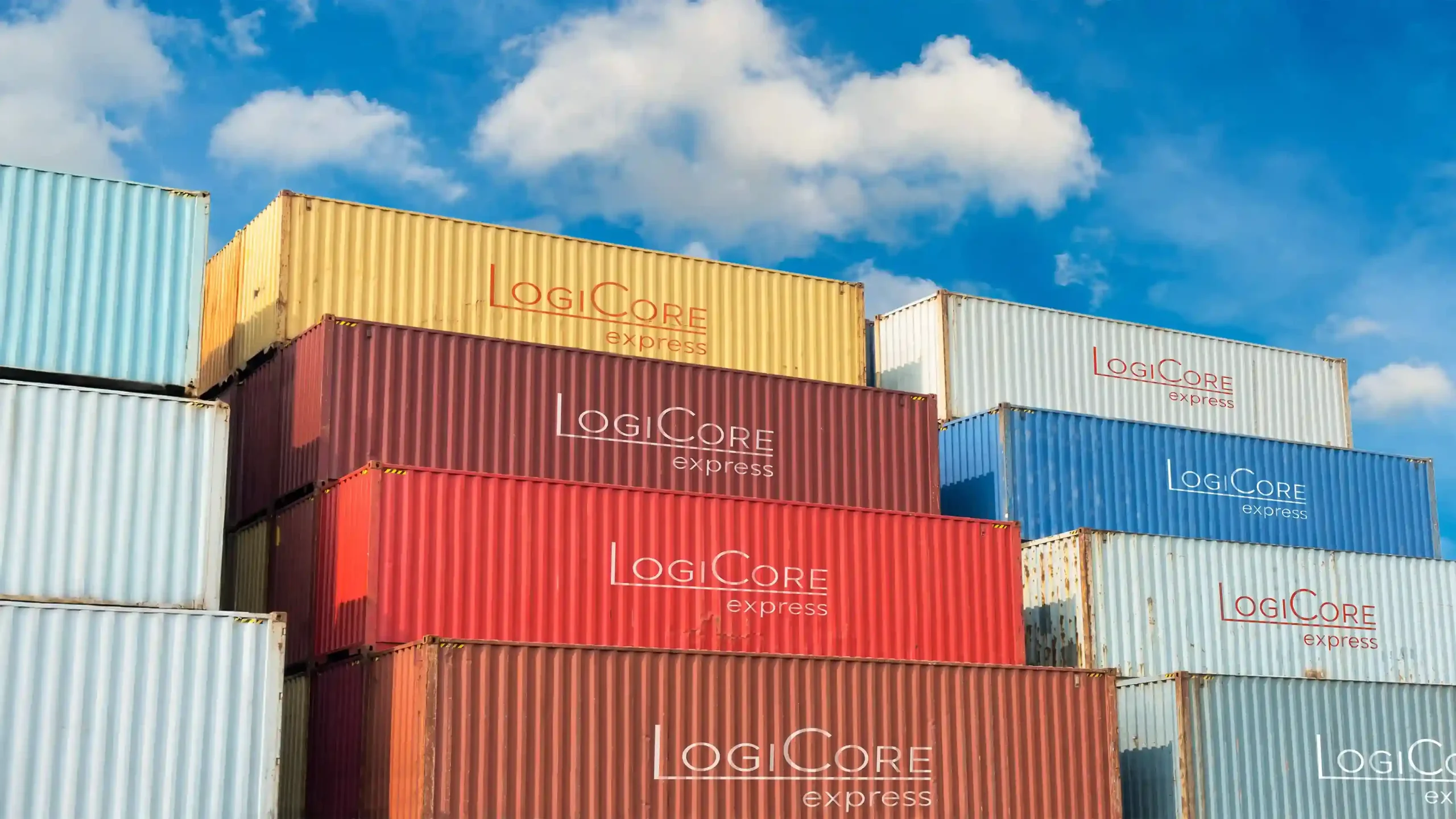 Stack cargo container with Logicore Express logo can be seen in the image, which shows the freight forwarding service.