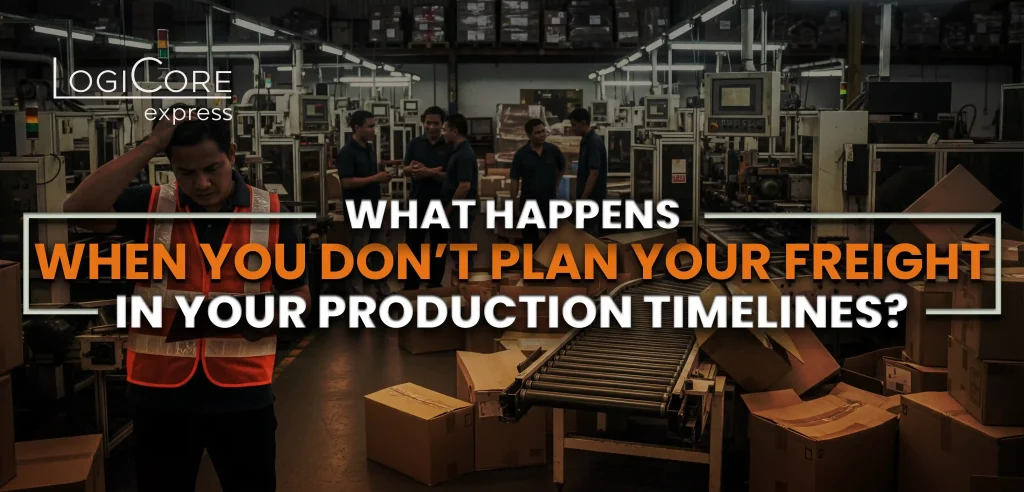 A busy production line warehouse with boxes piled under the table. There's a light orange shade that highlights the text "What happens when you don't plan your freight in your production timelines?"