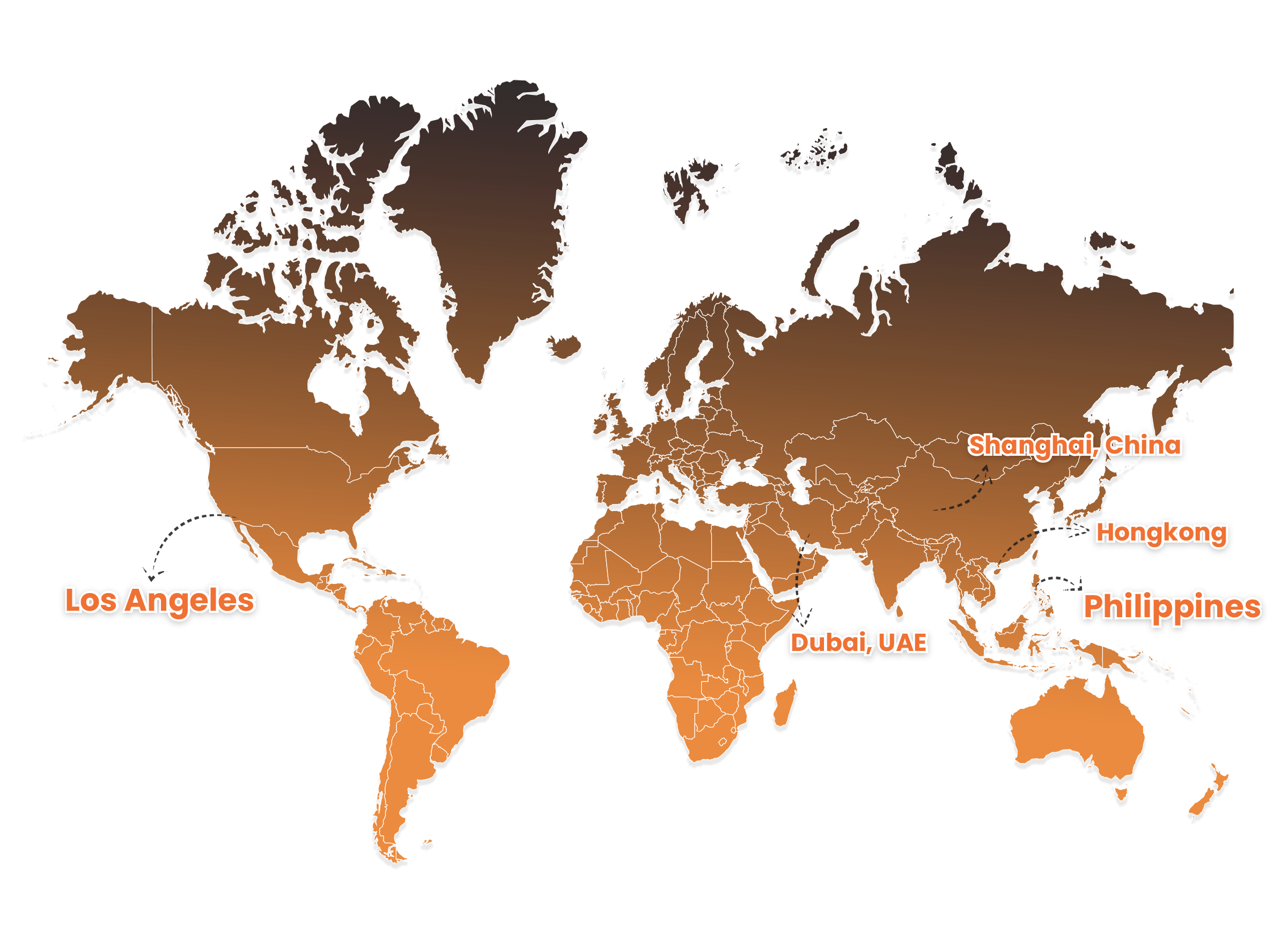 World map with labeled cities Los Angeles USA, Dubai UAE, Shanghai China, Hongkong, and Philippines in orange text, brown and orange gradient landmasses with white country border outlines
